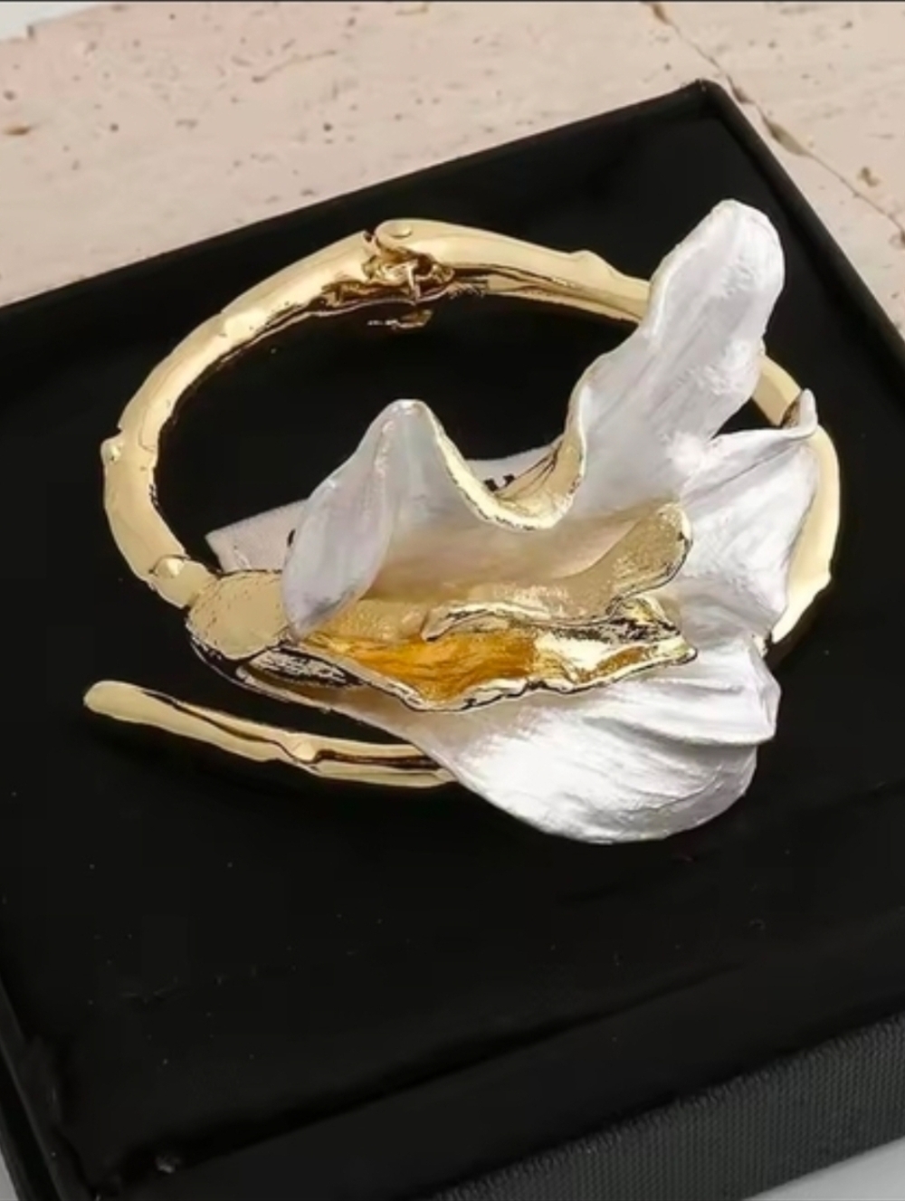 Gold and White Floral Sculpted Cuff Bracelet - Picture 4 of 7